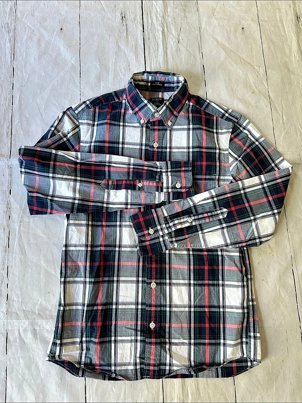 J.Crew Flex Washed Slim Untucked Shirt Plaid Button Down in navy green Gray red
